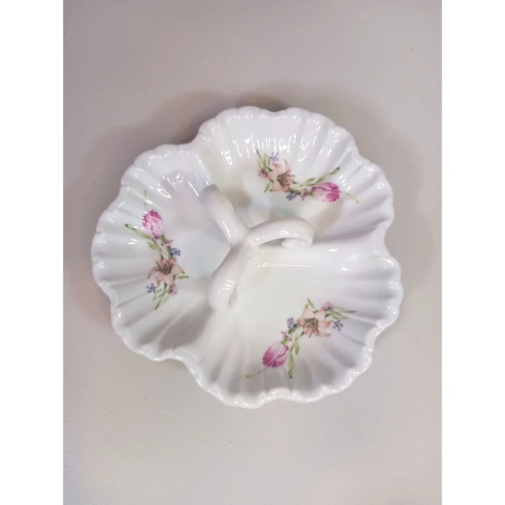 Vintage Floral Porcelain Candy Dish Handled Trinket Ring Vanity Dish Pink Rose